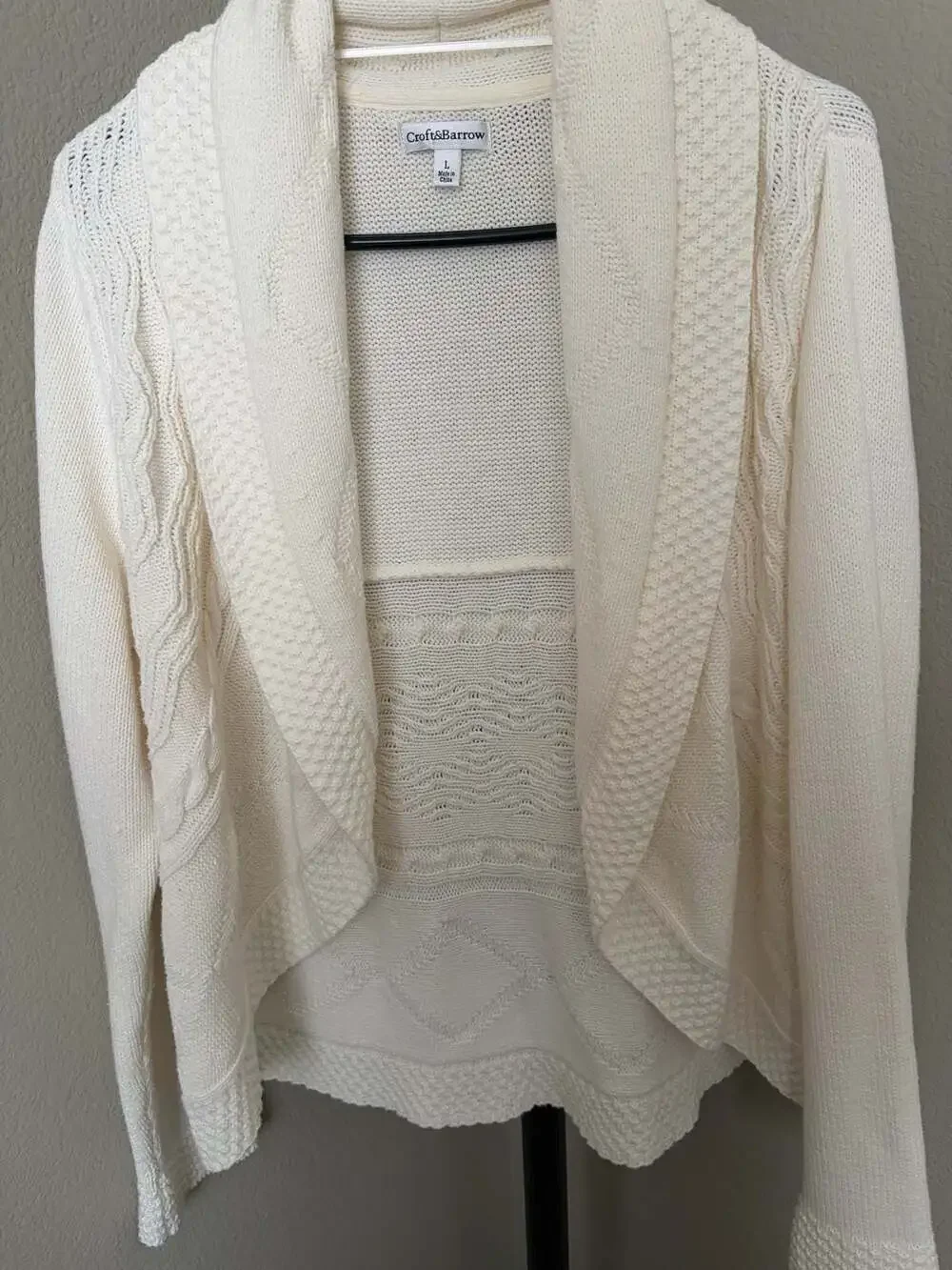 Croft & Barrow Cream Open Front Cardigan Sweater Shawl Collar Cable Knit Size L